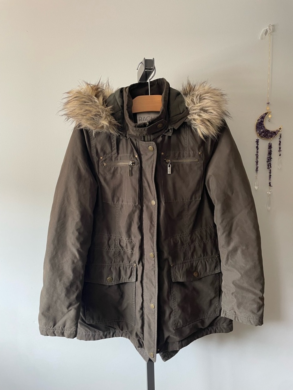 Rachel Roy Olive Green Utility Parka Jacket Faux Fur Hood Size Medium